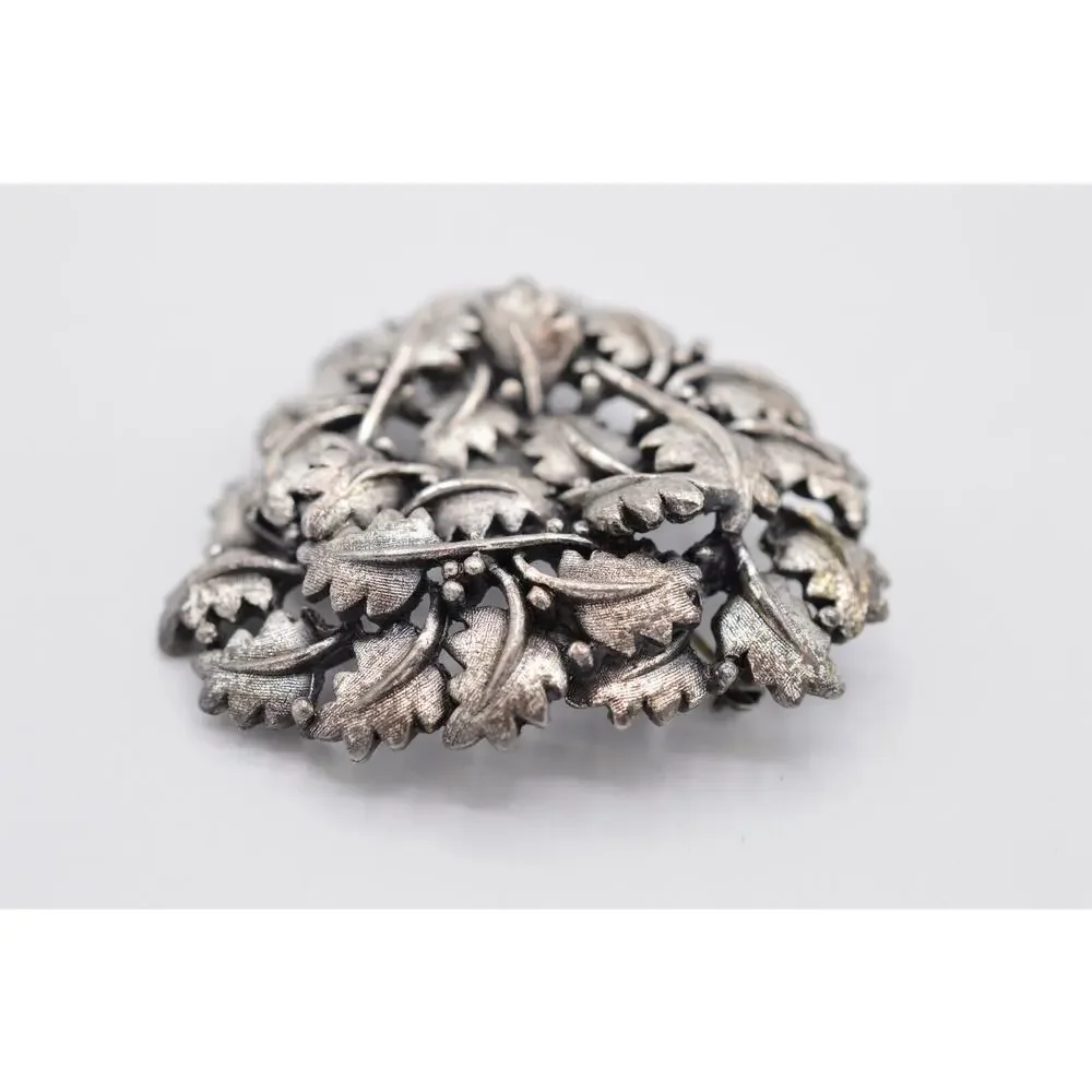 Vintage Leaf Pin Brooch Brushed Silver Pewter Textured Leaves Chunky 1980s 9B